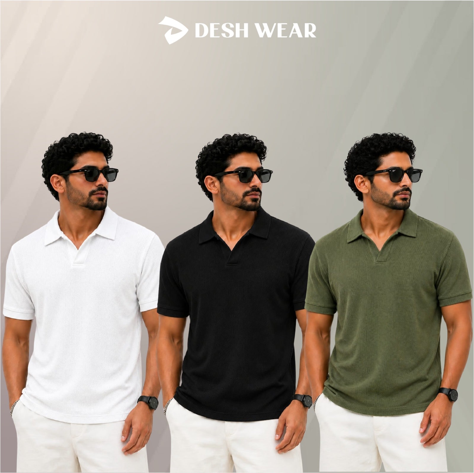 Waffle Cuban polo White-Black-Olive